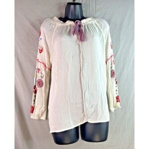 Intro Embroidered Floral Peasant Blouse White‎ Size PM Bohemian Hippie Top